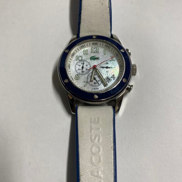 Lacoste Women’s Watch Chronograph Date 24 Hour WR 5 ATM white blue new battery main image 7